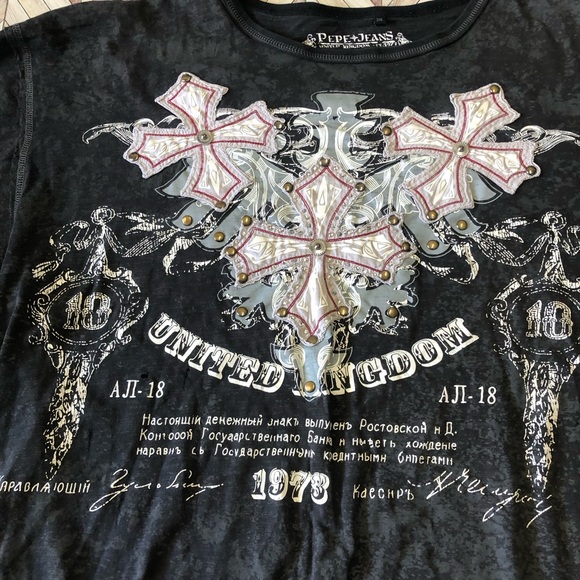 Pepe Jeans United Kingdom Gem Studded Graphic Tee Cross Black/Gray Size 3XL - Picture 2 of 8